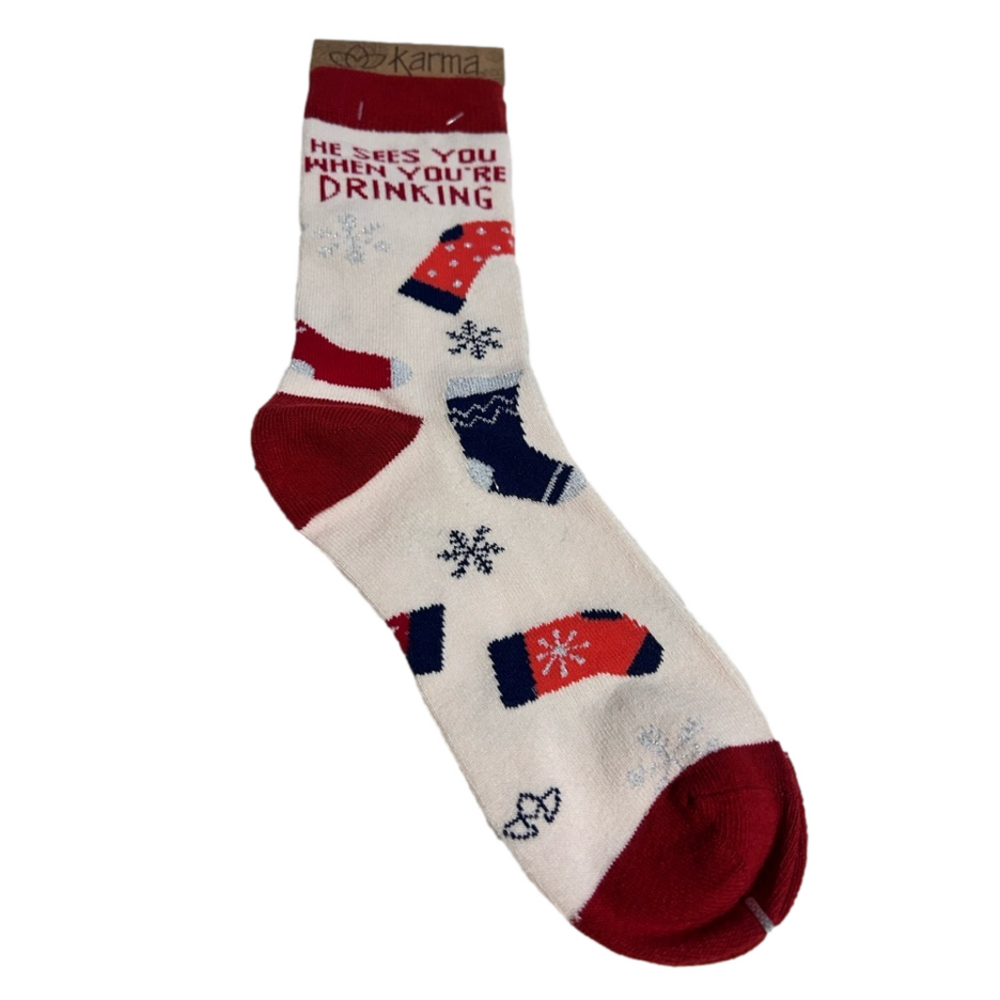 Karma holiday crew socks: He Sees You When You’re Drinking